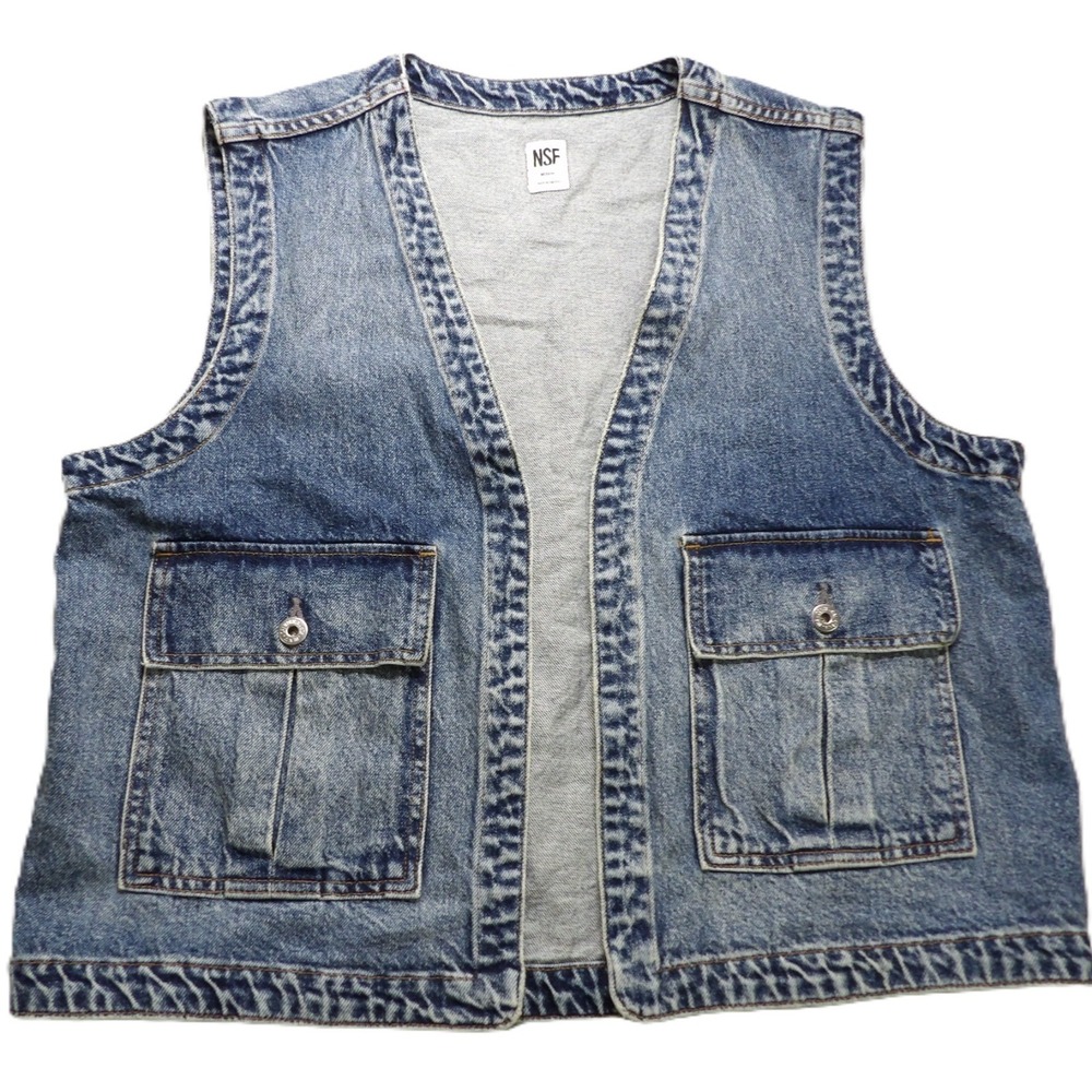 NSF Open Front Vest Utility Cargo Pockets Cotton USA Made Women Medium Blue Wash